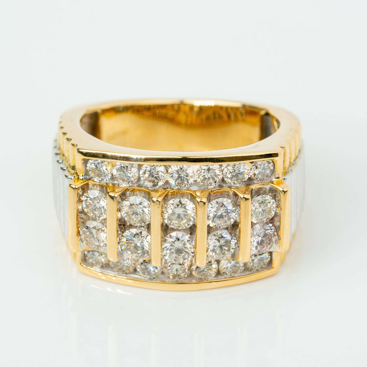The 2ctw Round Diamond Ribbed Shank Band Ring in 14K gold features a rectangular setting with two rows of sparkling diamonds, separated by vertical gold bars, on a polished band and adorned with diamond accents.