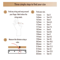 Illustrated guide to measuring ring size—ideal for the 3.08CTW Round Trilogy Lab Diamond Engagement Ring in 14k White Gold. Wrap a string, mark and measure, then find your size (5–13) in millimeters using the provided chart.