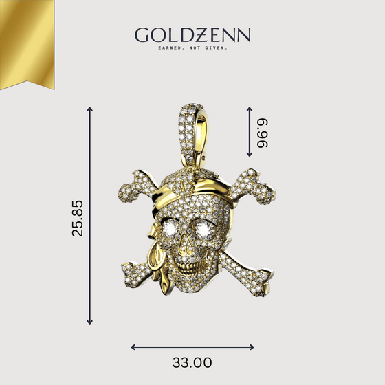 Gold diamond pirate skull pendant with sparkling eyes and crossbones, featuring intricate detailing and luxurious 14K gold design.