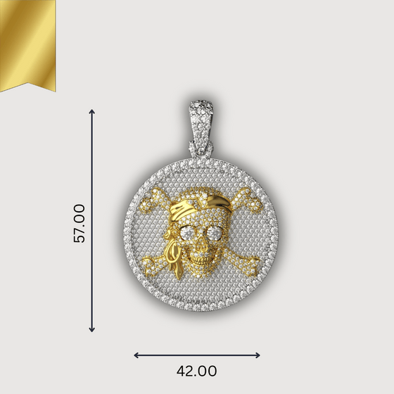 Diamond skull pirate pendant in 14K gold with measurements, featuring intricate design and luxurious craftsmanship.