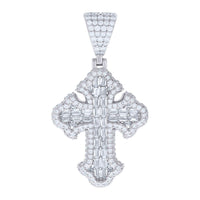 The Silver 3.23 CTW Baguette Moissanite Cross Pendant showcases sparkling moissanites set in 925 sterling silver, with intricate details and a textured bale for easy attachment to your necklace.