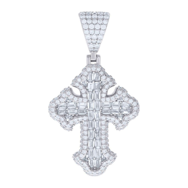 The Silver 3.23 CTW Baguette Moissanite Cross Pendant showcases sparkling moissanites set in 925 sterling silver, with intricate details and a textured bale for easy attachment to your necklace.