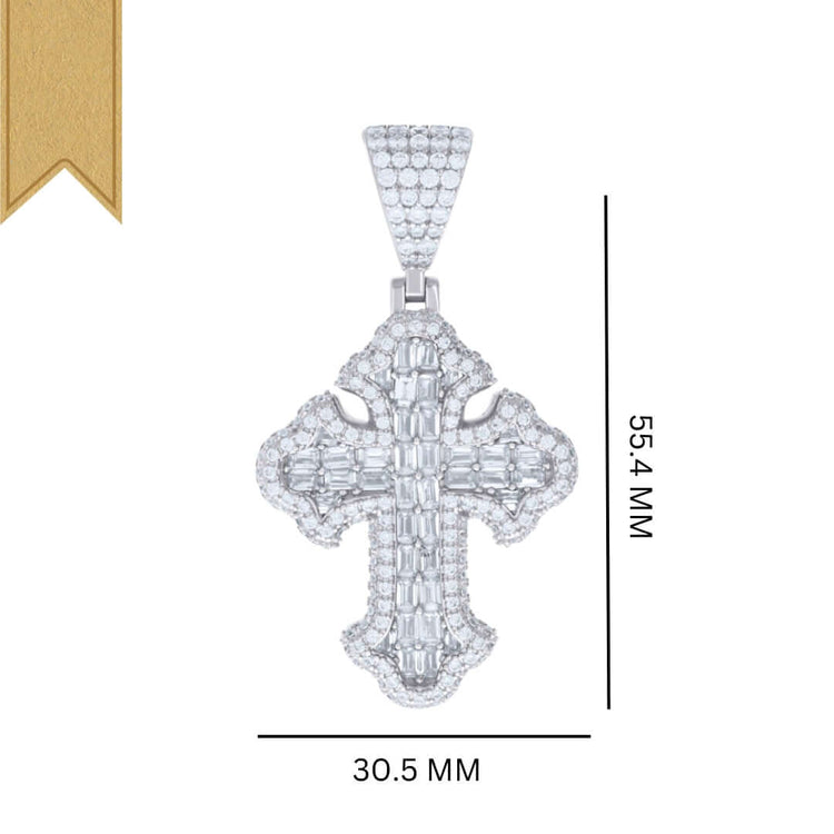 The Silver 3.23 CTW Baguette Moissanite Cross Pendant, crafted from 925 sterling silver and accented with sparkling diamonds and VVS moissanite (55.4 x 30.5 mm), is showcased on a white background with a gold ribbon in the top left corner.