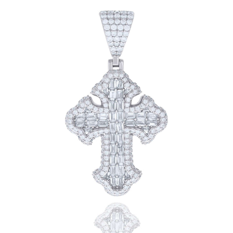 The Silver 3.23 CTW Baguette Moissanite Cross Pendant features sparkling moissanites in various shapes, intricate detailing, and a moissanite-encrusted bail atop its 925 sterling silver design.
