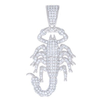 The Silver Moissanite Scorpio Charm Pendant features a scorpion design in sterling silver with sparkling moissanite stones, detailed legs, pincers, and a curved tail.