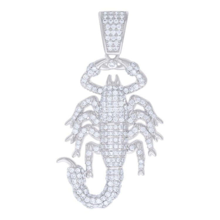 The Silver Moissanite Scorpio Charm Pendant features a scorpion design in sterling silver with sparkling moissanite stones, detailed legs, pincers, and a curved tail.