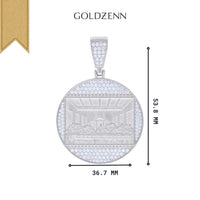 The Moissanite Last Supper Religious Charm Pendant is a round sterling silver piece engraved with the Last Supper and bordered by sparkling moissanite crystals. It measures 36.7 mm wide by 53.8 mm tall with GOLDZENN branding above.