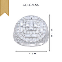 The Silver Moissanite Baguette Round Ring, made of sterling silver with rows of round and baguette-cut stones, measures 17.1 mm high and 4.2 mm wide. Displayed against a white background, "Goldzenn" appears above the ring.