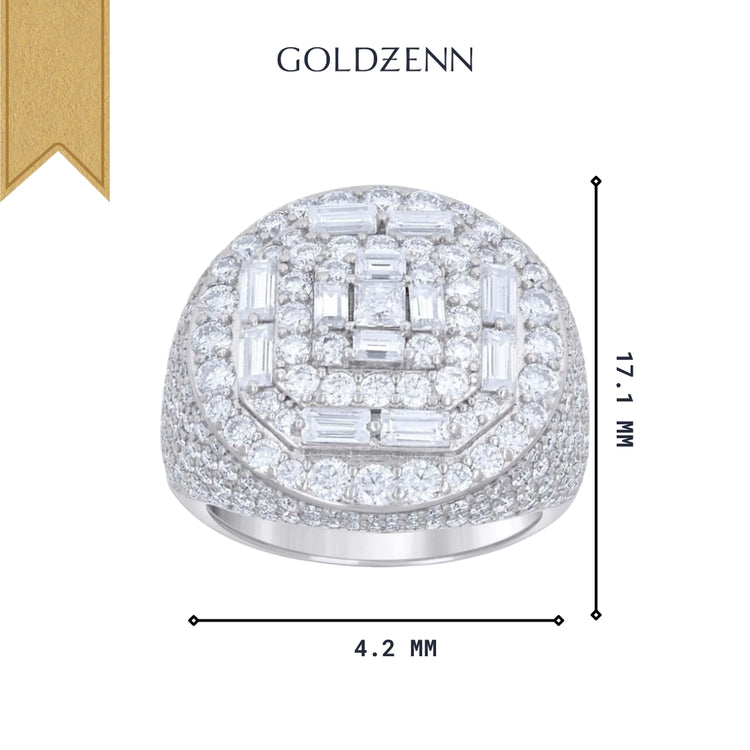 The Silver Moissanite Baguette Round Ring, made of sterling silver with rows of round and baguette-cut stones, measures 17.1 mm high and 4.2 mm wide. Displayed against a white background, "Goldzenn" appears above the ring.