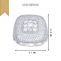 The Silver Moissanite Square Head Ring, crafted from sterling silver with layered small round moissanites, measures 17.8 mm high by 5.1 mm wide and is shown on a white background with the GOLDZENN brand name above.
