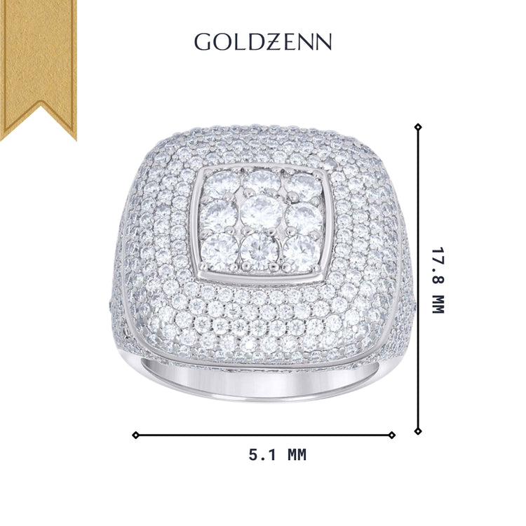 The Silver Moissanite Square Head Ring, crafted from sterling silver with layered small round moissanites, measures 17.8 mm high by 5.1 mm wide and is shown on a white background with the GOLDZENN brand name above.