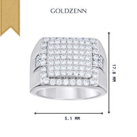 The Silver Moissanite Signet Ring features a square sterling silver design with multiple rows of small, sparkling moissanites on top. Measures 17.8 mm tall by 5.1 mm wide. GOLDZENN logo displayed above the ring.