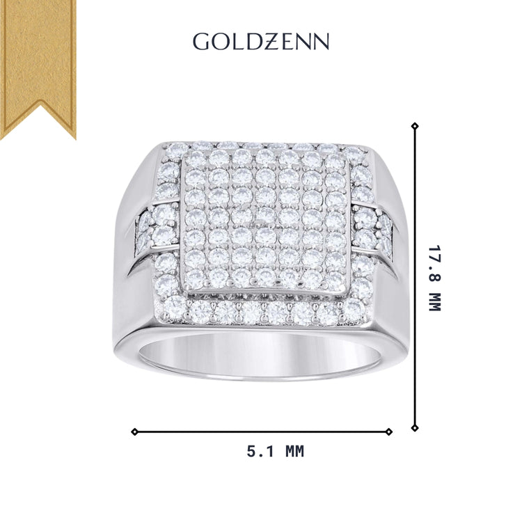The Silver Moissanite Signet Ring features a square sterling silver design with multiple rows of small, sparkling moissanites on top. Measures 17.8 mm tall by 5.1 mm wide. GOLDZENN logo displayed above the ring.