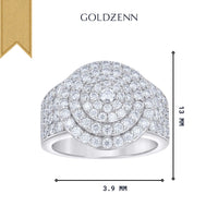 GOLDZENN Mens Moissanite Round Head Cluster Fashion Ring: A bold sterling silver men’s ring with multiple rows of small round moissanites, measuring 13 mm tall by 3.9 mm wide.