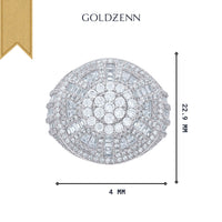 Mens Round Baguette Moissanite Round Cluster Fashion Ring with geometric patterns, 22.9 mm high and 4 mm wide, shown on a white background with GOLDZENN text above.