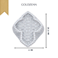 The GOLDZENN 5.82ct Baguette Moissanite Cross Religious Ring features a geometric design in sterling silver, measuring 28.8 mm high and 4 mm wide, shown on a white background.