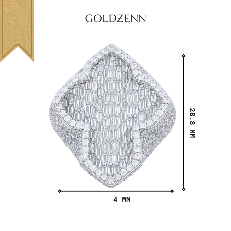 The GOLDZENN 5.82ct Baguette Moissanite Cross Religious Ring features a geometric design in sterling silver, measuring 28.8 mm high and 4 mm wide, shown on a white background.