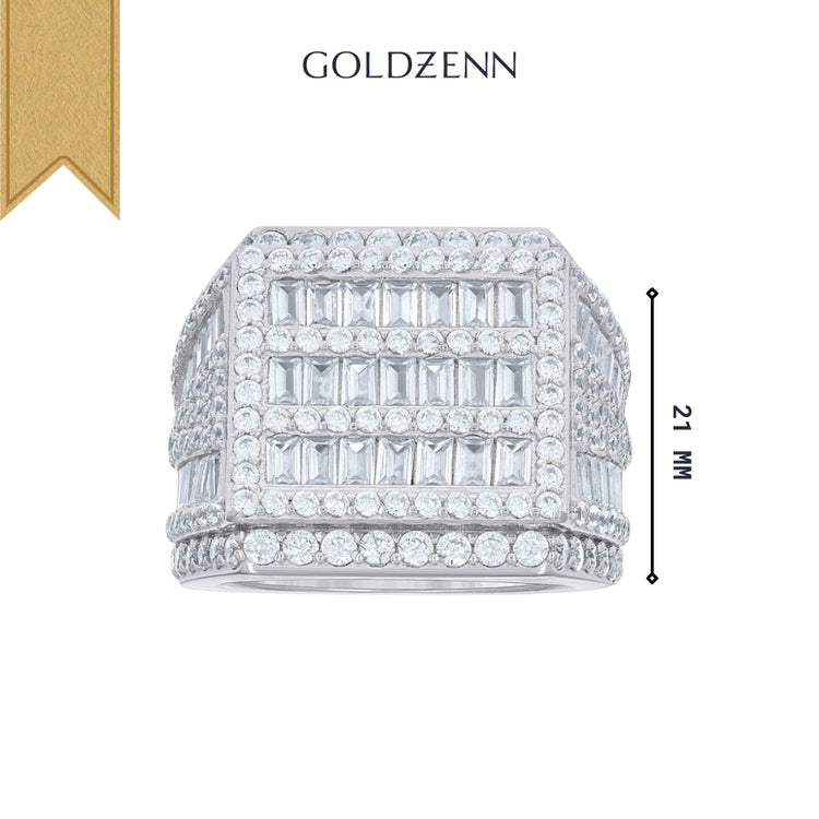 The Baguette Moissanite Square Head Fashion Ring by GOLDZENN features a wide silver band adorned with rows of baguette-cut and round moissanite stones, measures 21 mm in height, and is showcased on a white background.