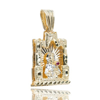The St. Barbara Castle Shaped Pendant in 10k gold features a religious figure with halo, engraved patterns, a red gemstone accent, and a polished, reflective finish. This men's jewelry piece has a textured, castle-shaped design.