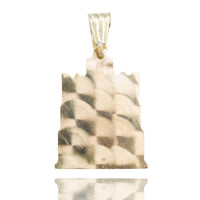 The St. Barbara Castle Shaped Pendant – 10k Gold features a building-inspired form, textured circular brushed finish, rectangular base, and stepped top—an elegant men’s religious jewelry piece shown against a white background.