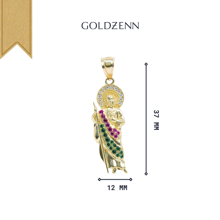 Saint Jude Pendant in 14K yellow gold with CZ, measuring 37mm x 12mm, is featured on a white background with "Goldzenn" above and a gold ribbon in the top left corner—ideal for men’s gold jewelry collections.