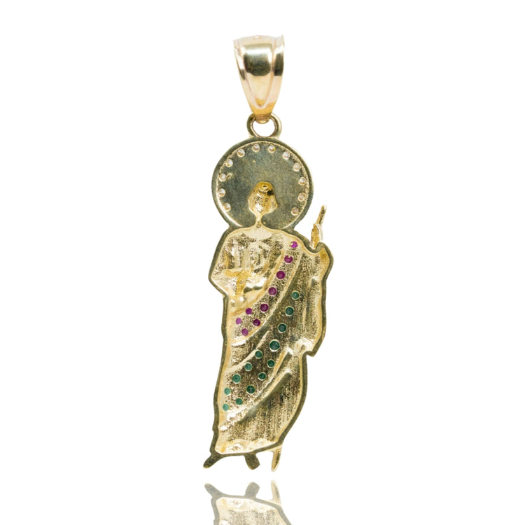 The Saint Jude Pendant in 14K Yellow Gold with CZ features a haloed figure in a long robe, detailed with green and pink CZ stones, holding a staff. This men's gold pendant has a polished bail, perfect for your chain.