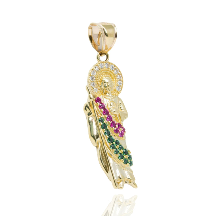 The Saint Jude Pendant in 14K yellow gold for men features a robed figure with jeweled halo, accented by green and pink CZ stones across the body. A bold men’s gold pendant presented against a white background.