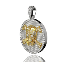 The Skull Diamond Pirate Pendant – 14K Gold showcases a raised pirate skull with hat and eyepatch, crossed bones, and a diamond-studded bail—a striking accessory for any collection.