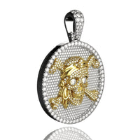 The Skull Diamond Pirate Pendant – 14K Gold features a round, diamond-encrusted design with a 14K gold skull in three-quarter view, detailed with an eyepatch, headband, crossbones, and a diamond-covered bail for added sparkle.