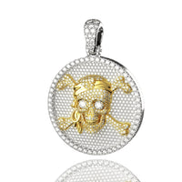 The Skull Diamond Pirate Pendant – 14K Gold features a diamond-studded round frame with a pirate skull—bandana, eye patch, and crossbones—at the center. A sparkling bail lets you easily attach this bold pendant to your favorite chain.