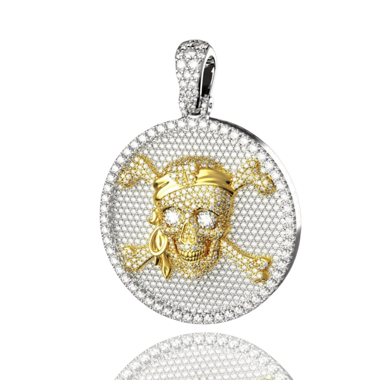 The Skull Diamond Pirate Pendant – 14K Gold features a diamond-studded round frame with a pirate skull—bandana, eye patch, and crossbones—at the center. A sparkling bail lets you easily attach this bold pendant to your favorite chain.