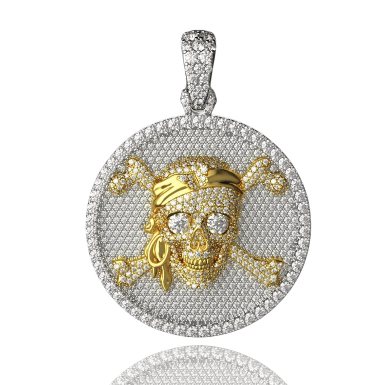 The Skull Diamond Pirate Pendant – 14K Gold features a diamond-encrusted round design with a gold skull and crossbones in a bandana, plus a diamond-studded bail—perfect for adventurous style.