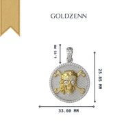 The Skull Diamond Pirate Pendant – 14K Gold features a round diamond-studded pirate skull and crossbones, measuring 33 mm wide, 25.85 mm tall, and 6.95 mm thick, with the GOLDZENN brand name above.