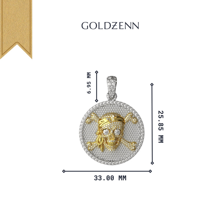 The Skull Diamond Pirate Pendant – 14K Gold features a round diamond-studded pirate skull and crossbones, measuring 33 mm wide, 25.85 mm tall, and 6.95 mm thick, with the GOLDZENN brand name above.