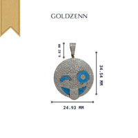 The Happy Face Diamond Pendant - 14k features a round design with blue enamel smiley details and natural diamonds, measures 34.54mm x 24.93mm, is crafted in 14K yellow gold, and is offered by GOLDZENN.