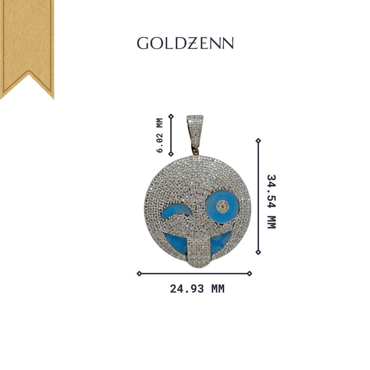 The Happy Face Diamond Pendant - 14k features a round design with blue enamel smiley details and natural diamonds, measures 34.54mm x 24.93mm, is crafted in 14K yellow gold, and is offered by GOLDZENN.