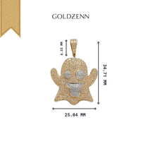 The Diamond Ghost Pendant – 14K features a playful smiling cartoon ghost with raised arms, tongue out, and sparkling diamond details. Measuring 34.71 mm x 25.04 mm, it’s engraved with GOLDZENN above this unique jewelry piece.