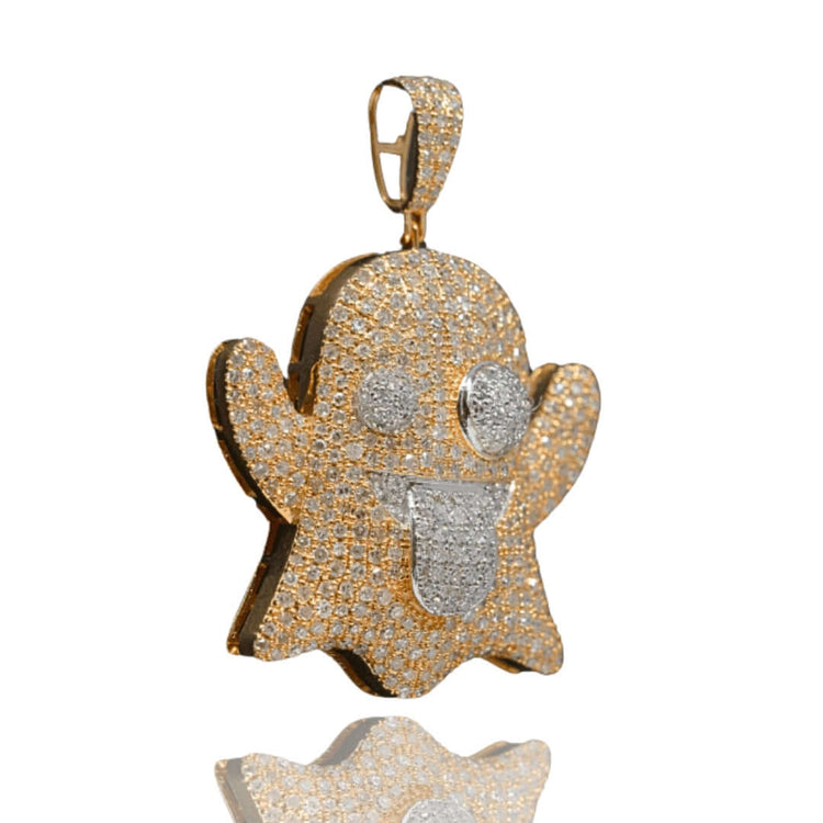 The Diamond Ghost Pendant – 14K features a playful cartoon ghost design covered in sparkling diamonds, with its smiling face and tongue accented by white diamonds—making it a fun and unique piece of jewelry.