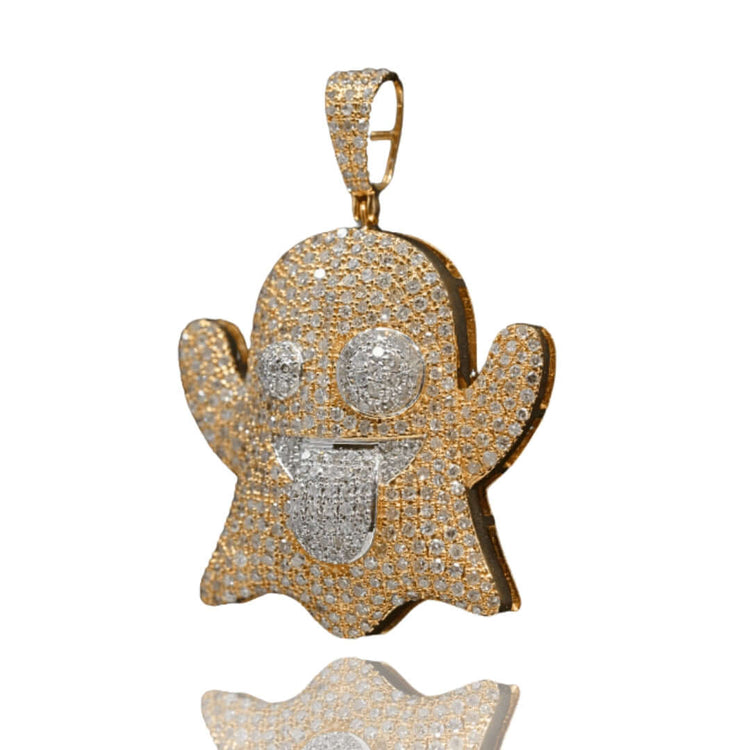 The Diamond Ghost Pendant – 14K is a playful gold pendant shaped like a cartoon ghost with raised arms, sparkling with small diamonds. It features large round eyes, a smiling mouth, and a tongue accented with white diamonds.