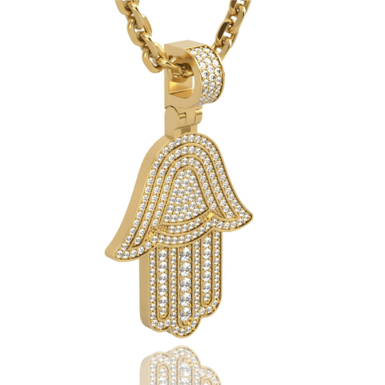 The 14k Gold Hamsa Hand Pendant with Diamonds features a Hamsa-shaped pendant adorned with sparkling diamonds, hanging elegantly from a gold chain.