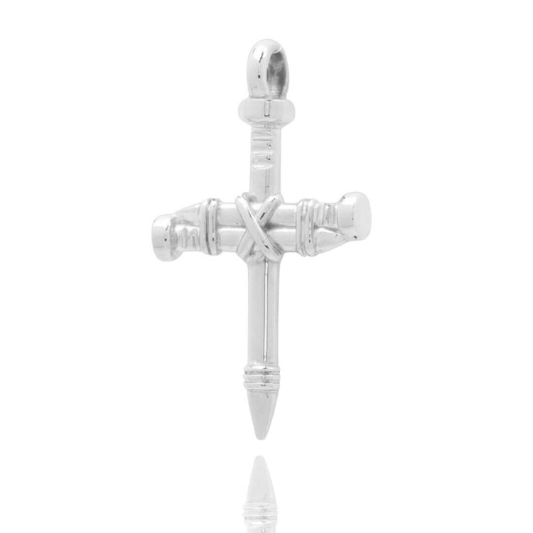 The Silver Nail Cross Pendant features a unique design resembling two silver nails bound together to form a cross.