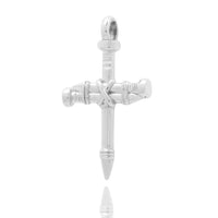 The Silver Nail Cross Pendant features a unique design resembling two silver nails bound together to form a cross.