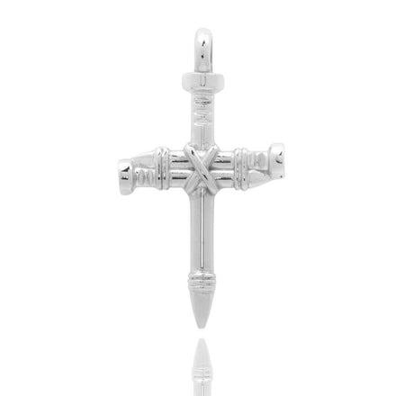 The Silver Nail Cross Pendant features two crossed nails with detailed grooves and a polished finish, shown on a white background.
