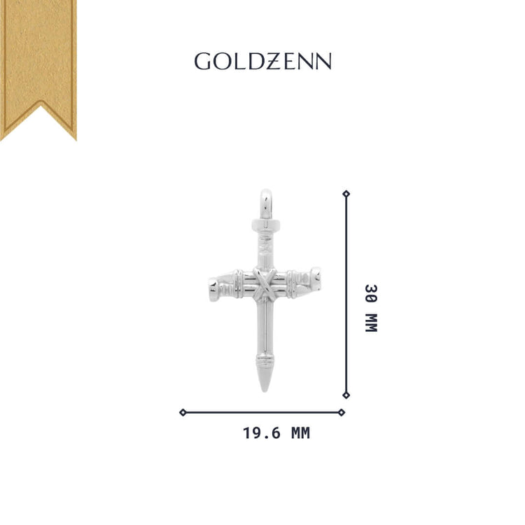 The Silver Nail Cross Pendant by GOLDZENN features a detailed cross-shaped design in sterling silver, measuring 38 mm x 19.6 mm, and is showcased on a white background.