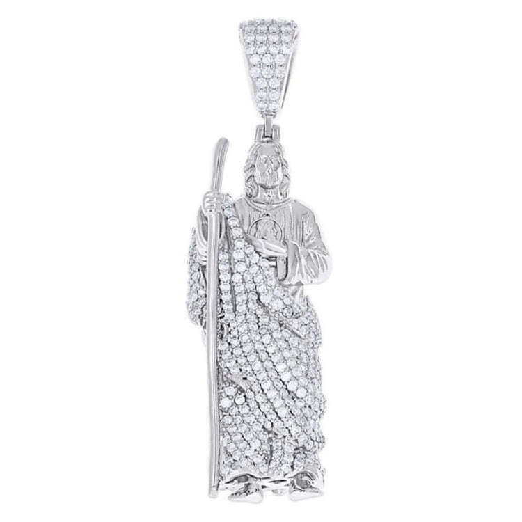 The 925 Silver Moissanite St. Jude Charm Pendant features a robed figure holding a staff, detailed facial features, and intricate garment design. Made from hypoallergenic 925 sterling silver and encrusted with VVS moissanites.
