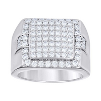 The Silver Moissanite Signet Ring features a wide sterling silver band with a square top adorned with sparkling moissanites in a grid pattern and additional stones set along the sides.