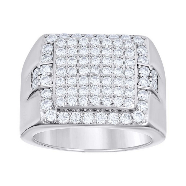 The Silver Moissanite Signet Ring features a wide sterling silver band with a square top adorned with sparkling moissanites in a grid pattern and additional stones set along the sides.