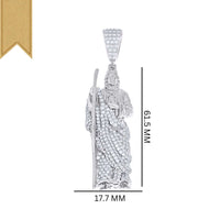 The 925 Silver Moissanite St. Jude Charm Pendant features a robed figure with a staff, crafted from hypoallergenic 925 sterling silver with a textured gem-like finish. Size: 61.5 mm tall by 17.7 mm wide.