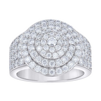 The Mens Moissanite Round Head Cluster Fashion Ring features sparkling, round clear moissanite stones in concentric circles set closely together on a wide sterling silver band for a bold layered effect.