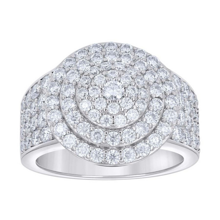 The Mens Moissanite Round Head Cluster Fashion Ring features sparkling, round clear moissanite stones in concentric circles set closely together on a wide sterling silver band for a bold layered effect.